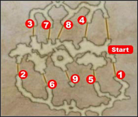 To open the Pilgrims door youll have to do some jogging. Begin from the Start position and run through the checkpoints in proper order: Leave the area through 1, reenter it through 2, leave through 3 and so on. - Sochen Cave Palace | Part II - Part II - Final Fantasy XII Game Guide