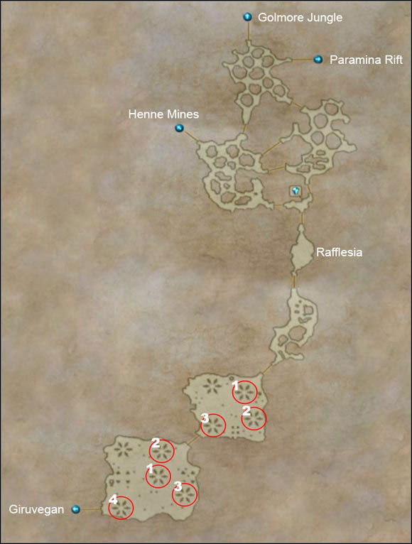 The red circles shows the locations of Feywood glyphs which you have to activate in proper order to be able to go further. - Feywood | Part III - Part III - Final Fantasy XII Game Guide