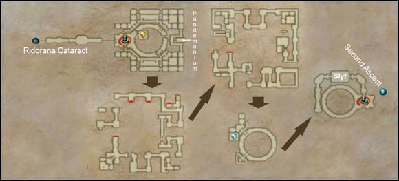 The arrows show the order of beating each floor and the red lines show locations of the fake walls. - Pharos at Ridorana - First Ascent | Part III - Part III - Final Fantasy XII Game Guide