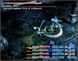 His attacks beside Kick and Lunge are Circle of Judgment which deals damage to all those standing near him and Guilt which aim in one of your heroes - Third Ascent | Part III - Part III - Final Fantasy XII Game Guide