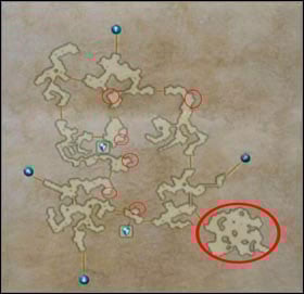 Trees are marked with the small red circles, and the place where Gil Snapper prowls is marked with the big circle. - Gil Snapper (rank III) | Extraordinary hunt notices - Extraordinary hunt notices - Final Fantasy XII Game Guide