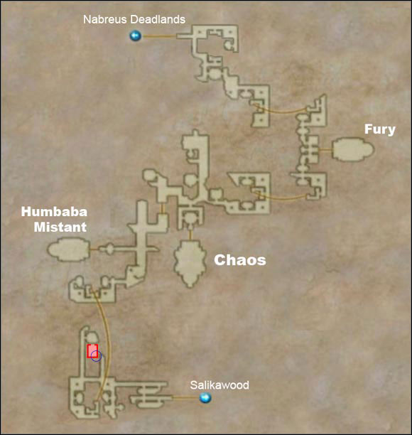 Hidden area is marked in red. Blue circle shows the location of Baknamy Merchants shop. - Necrohol of Nabudis | Additional Locations - Additional Locations - Final Fantasy XII Game Guide