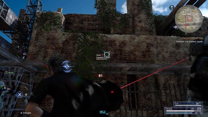 A few skirmishes with guards await you while travelling with Cor - remember to prioritize snipers over other foes - Chapter 2 - No Turning Back | Main storyline - Main storyline - Final Fantasy XV Game Guide