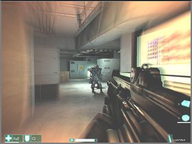 Go up the short stairs, and through the door - quickly, hide behind the generator on the right - [Interval 05-B] Blindside - First Encounter Assault Recon - Game Guide and Walkthrough