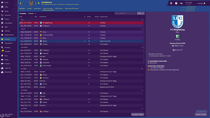 Try to plan your first friendly fixtures around the 3rd week of preparations for the season - Football Manager 2019: Preparing for season and general training - Football Manager 2019: Good start - Football Manager 2019 Guide and Tips