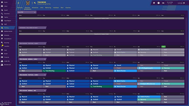 The training calendar has been divided into one-week blocks (schedules), and you can plan 7 training days in each - Football Manager 2019: Training - Football Manager 2019: Club management - Football Manager 2019 Guide and Tips