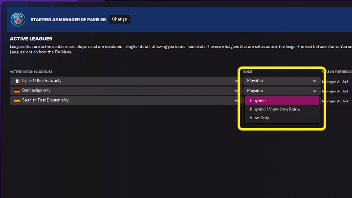 Each league features the following options in a drop-down menu - Football Manager 2022: First steps - Career Game Setup - Basics - Football Manager 2022 game guide