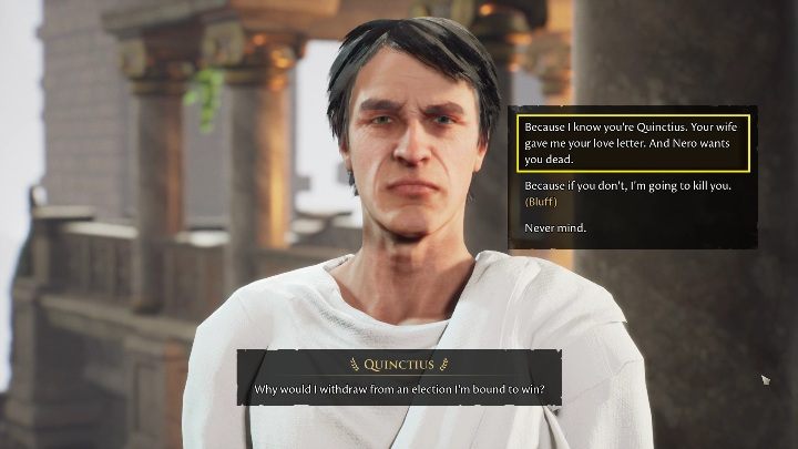 Start the conversation with the man by saying "I want you to withdraw from the election" - The Forgotten City: Quinctius - walkthrough - Part 4 - The Forgotten City Guide