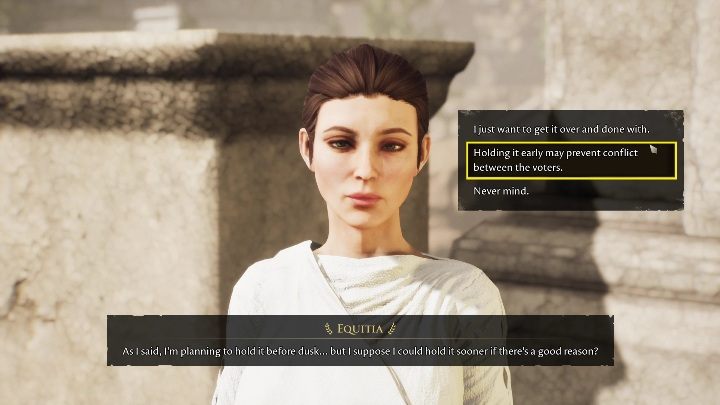 The next options begin the election - The Forgotten City: Elections - walkthrough - Part 5 - The Forgotten City Guide