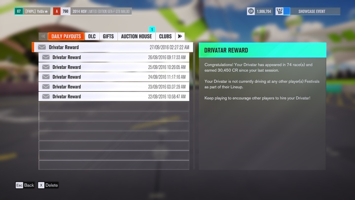 Youll receive a daily automatic message informing you how many races your avatar has taken part in, and how much he made. - Acquiring Fans / Credits / Experience Points - Gameplay basics - Forza Horizon 3 Game Guide