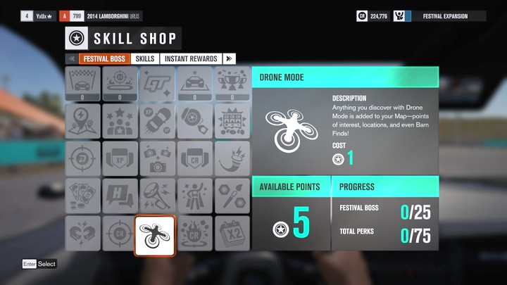 Skill Shop - Drone Mode is the first skill youll have to unlock. - Basic Information | Skills and Experience - Skills and Experience - Forza Horizon 3 Game Guide