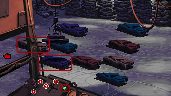 First, press the button on the right - it should light up in a very bright shade of green, then use the lever located furthest to the right, moving it up (no need to drag, just click on the point you want to move the lever to - 1), then to the left (2) - Help Mo fix the bike | Chapter One Walkthrough - Chapter One | Full Throttle Remastered Walkthrough - Full Throttle Remastered Game Guide