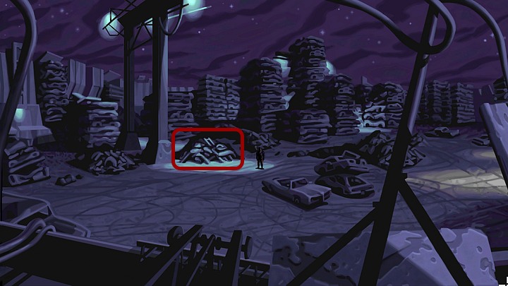 Exit the crane cabin (red arrow leading to the left), and when you are back on the fence, climb or jump down into the junkyard - Help Mo fix the bike | Chapter One Walkthrough - Chapter One | Full Throttle Remastered Walkthrough - Full Throttle Remastered Game Guide