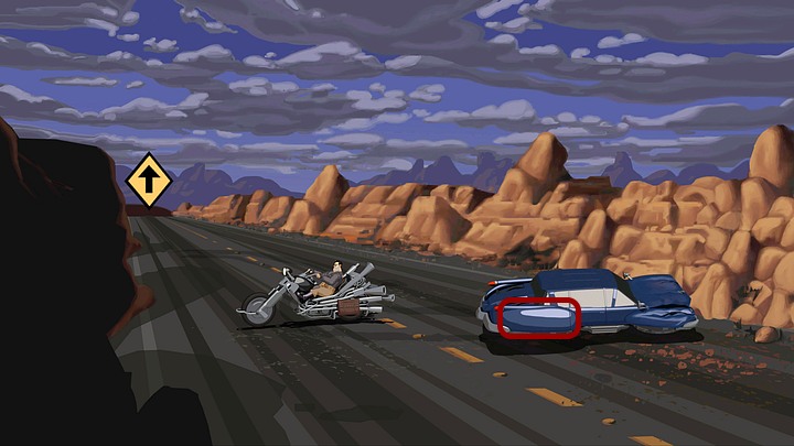 Treat its fender to your wheel wrench, and you will collect its lift (looks similar to a pinwheel) - install it in your bike - Scout the area | Chapter Two Walkthrough - Chapter Two | Full Throttle Remastered Walkthrough - Full Throttle Remastered Game Guide