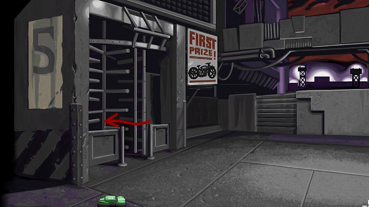 Install a new battery in it, use the one that flew out of the bunny, and guide it to the right, and then send it behind the revolving door visible to the left - Get to the hideout of the Vultures | Chapter Three Walkthrough - Chapter Three | Full Throttle Remastered Walkthrough - Full Throttle Remastered Game Guide