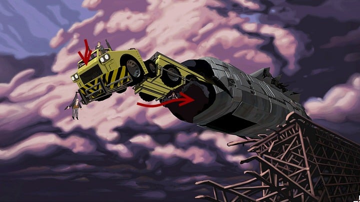 In the next crucial moment enter the cabin of the truck (the red arrow facing downward above the cabin) - Get out of trouble | Chapter Three Walkthrough - Chapter Three | Full Throttle Remastered Walkthrough - Full Throttle Remastered Game Guide