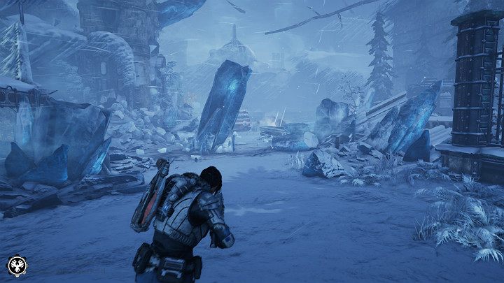 Besides the harsh weather conditions, you also have to face an enemy with a machine weapon guarding the entrance to the research facility - Act 2 Chapter 3 - Forest for the trees | Gears 5 Walkthrough - Act II - Gears 5 Guide