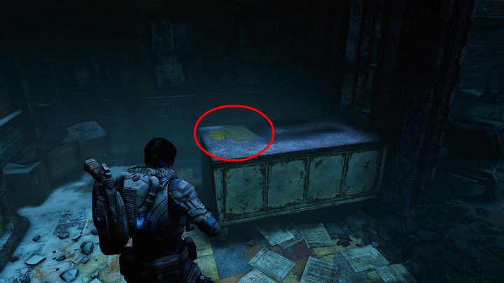 A collectible lies on the table by the big door - A captured letter - Act 2 Chapter 3 - Forest for the trees | Gears 5 Walkthrough - Act II - Gears 5 Guide