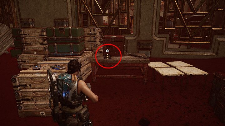 When you go outside, go past Paduk, collect the component that lies on the table on the left, and then turn right behind the container - Act 3 Chapter 1 - Fighting Chance | Gears 5 Walkthrough - Act III - Gears 5 Guide