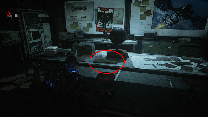 While you are on the way to the commanders office, enter the room with several posters on the walls and plans scattered on the large table - Act 1 Chapter 1 - Shot in the Dark | Gears 5 Collectibles - Act I - Gears 5 Guide