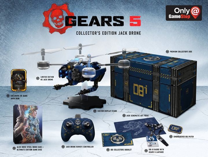 In this release, in addition to the game you will find: flying replica of Jack, a remote controller, premium collectors box, custom display stand, exclusive in-game Jack skin, embroidered DBi patch, DBi collectors booklet, DBi ID badge with Gears 5 lanyard, Jack schematic art print, Alex Ross stee - Gears 5 Guide