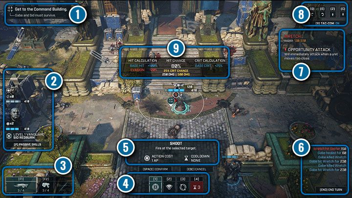 The main interface used during missions and fights with enemy troops consists of the following elements - Gears Tactics: Interface guide - Basics - Gears Tactics Guide