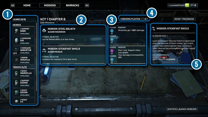 Mission selection window. - Gears Tactics: Interface guide - Basics - Gears Tactics Guide