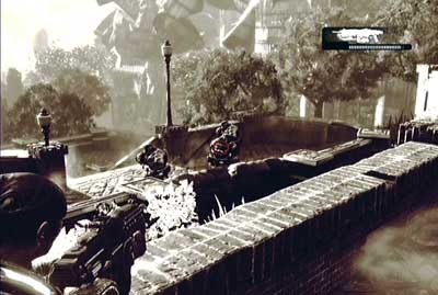 When you passed it run to the wall, cover behind it (press A button) and start shooting at the enemies standing in the bottom - Prologue - Troubled Past - Act I - Gears of War 3 - Game Guide and Walkthrough