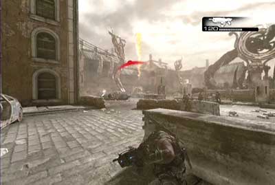 Head forward, pass through destroy part of the street and continue toward square, where allies fight with opponents - Chapter 4 - Helping Hand - Act I - Gears of War 3 - Game Guide and Walkthrough