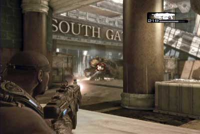 If you choice alternative option and get to the down level, then quickly cover behind crates and shootout the enemies and the gunker from this position - Chapter 5 - MVP - Act I - Gears of War 3 - Game Guide and Walkthrough