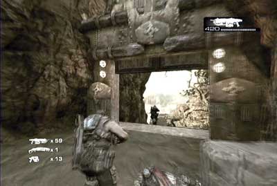 After the battle pass through open gate in canyon on the left - Chapter 2 - House of Sand - Act II - Gears of War 3 - Game Guide and Walkthrough