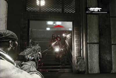 Move to the corridor marked with number 1 and continue to the stairs with guards - Chapter 2 - Blackout - p. 1 - Act V - Gears of War 3 - Game Guide and Walkthrough