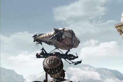 When you kill enemies get in the catapult which is standing on the circle platform on the left and use it to bring down the gas barge - Chapter 3 - Shattered Paradise - Act V - Gears of War 3 - Game Guide and Walkthrough