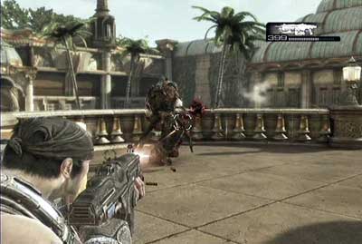 After you get rid of all enemies get to the top of the stairs and go on the circle platform situated in the centre of the pool - Chapter 4 - Threshold - Act V - Gears of War 3 - Game Guide and Walkthrough