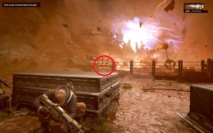 While struggling up the wind, watch out, because it carries various objects and getting hit with a piping fragment may hurt - Act 1:1 - The Raid | Walkthrough - Walkthrough - Gears of War 4 Game Guide