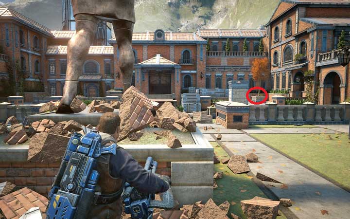 The only collectible in this stage is in the arena, at the orange tree in the corner. - Act 1:3 - New Friends | Walkthrough - Walkthrough - Gears of War 4 Game Guide