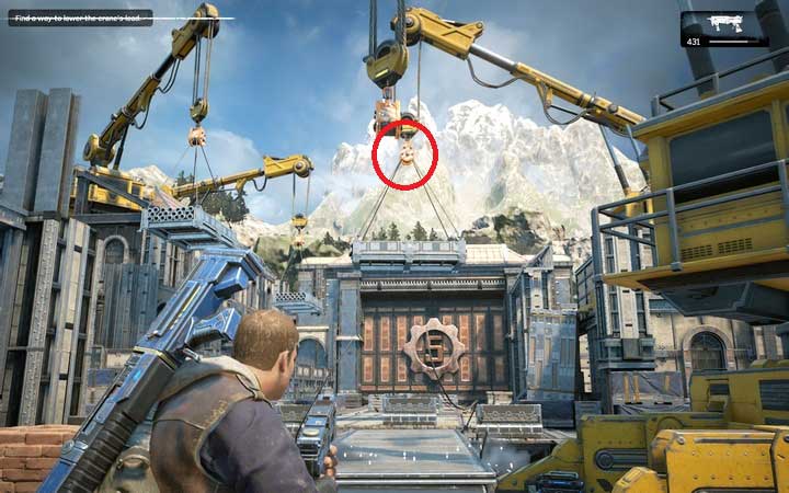 Climb to the upper floor and shoot down the pulley of the crane to form a bridge - Act 1:3 - New Friends | Walkthrough - Walkthrough - Gears of War 4 Game Guide