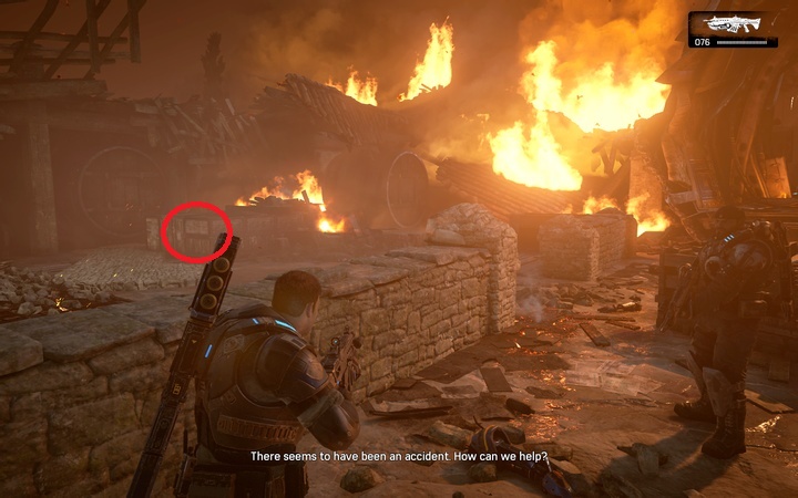 Look to your left in the burning warehouse - there is a bottle behind the cover - Act 2:2 - Geared Up | Walkthrough - Walkthrough - Gears of War 4 Game Guide