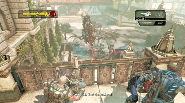 The next attack of opponents with cleavers and torque bows will be supported by a mortar, so better stay inside the building and get rid of enemies from there - Guest Bungalows - Seahorse Hills - Gears of War: Judgment - Game Guide and Walkthrough