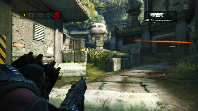 There is a declassified mission symbol on the wall in front of you - Motor Pool - Onyx Point - Gears of War: Judgment - Game Guide and Walkthrough