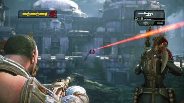 While riding up the elevator, new enemies will appear on the other side of the cliff - The Cliffs - Onyx Point - Gears of War: Judgment - Game Guide and Walkthrough