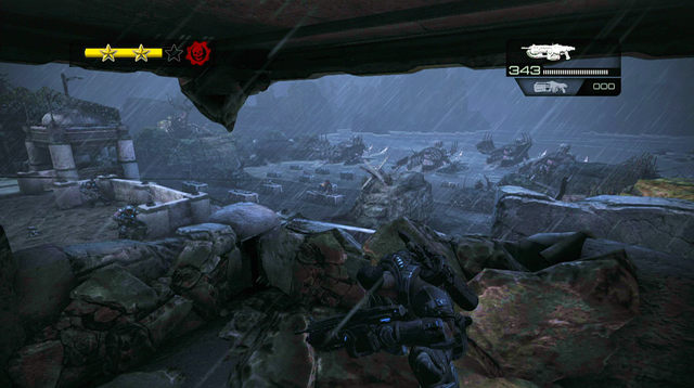 Collect ammo from killed enemies before next wave starts and quickly return to the turret - Beach - Onyx Point - Gears of War: Judgment - Game Guide and Walkthrough