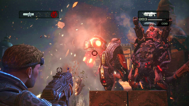 After the boss descends the square, monitor moves of the Kern's creature - Plaza for the Tyran Dead - The Courthouse - Gears of War: Judgment - Game Guide and Walkthrough