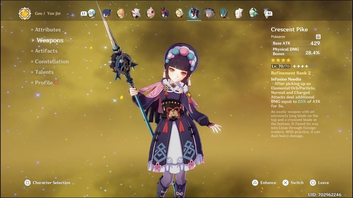 Engulfing Lightning is the leading choice for this build as it increases ATK% depending on how much Energy Recharge you have - Genshin Impact: Yun Jin - best builds (Geo) - Geo - Genshin Impact Guide