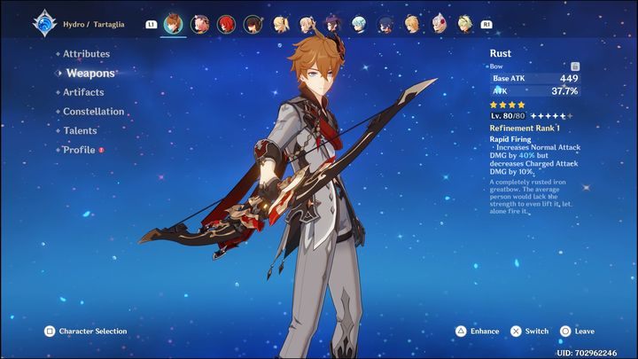 Second bow, Rust is a four-star weapon, so the chance of getting it is much bigger - Genshin Impact: Childe - best builds (Hydro) - Hydro - Genshin Impact Guide