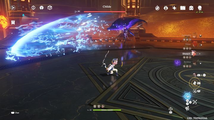 If it is at a larger distance from you, he will most likely start attacking with two large water waves that move in a straight line - Genshin impact: How to beat Childe boss? - Bosses - Genshin Impact Guide