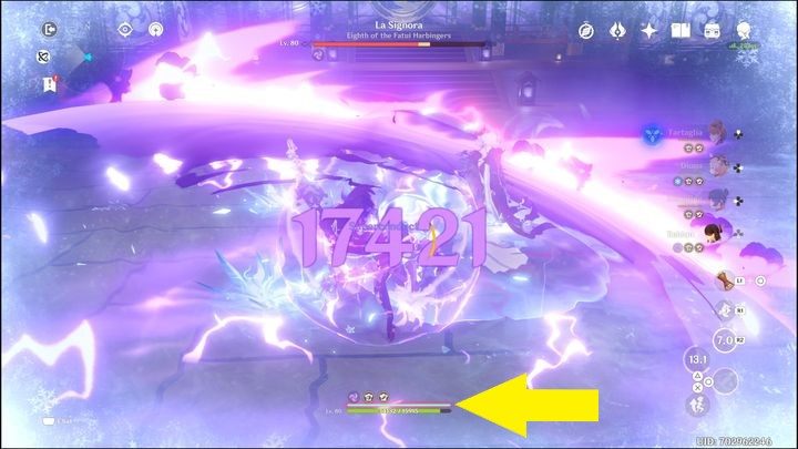 In the first phase, try to attack her with Electro or Pyro - this will inflict a lot of damage on her - Genshin Impact: How to beat La Signora boss? - Bosses - Genshin Impact Guide