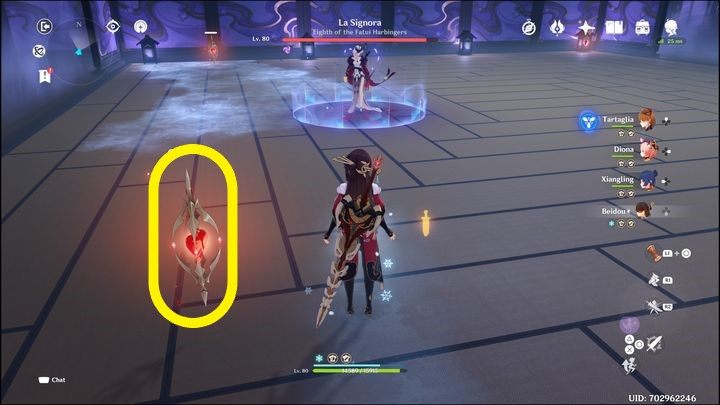 If the bar is dangerously close to filling up completely, approach any Heart of Flame (found in every corner of the arena) - Genshin Impact: How to beat La Signora boss? - Bosses - Genshin Impact Guide