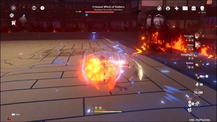 As in the first phase, to lower Blazing Heat, stand close to Eyes of Frost, a similar object to the aforementioned one, but this time it is blue - Genshin Impact: How to beat La Signora boss? - Bosses - Genshin Impact Guide