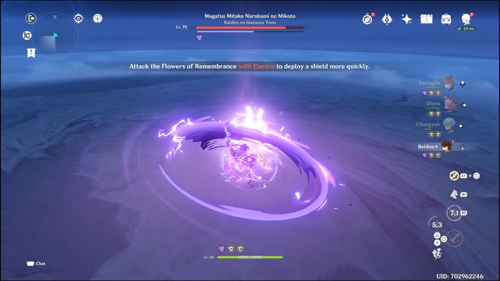 The most dangerous attack of the boss in this form is summoning a large hand wielding a sword - Genshin impact: How to beat Raiden Shogun boss? - Bosses - Genshin Impact Guide